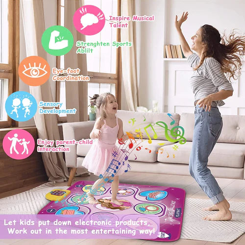 "Interactieve dansmat met LED-licht en muziek; kleurrijk ontwerp voor kinderen; stimuleert beweging en spelplezier."