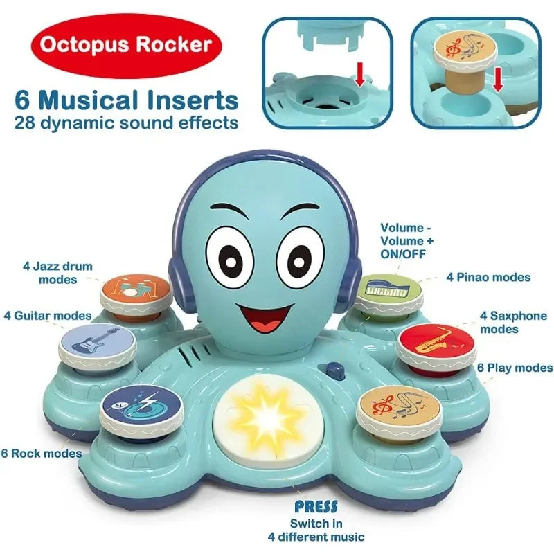 Interactieve kleurrijke octopus muziek speelgoed voor kinderen met knoppen, ideaal voor creatieve en muzikale ontwikkeling.