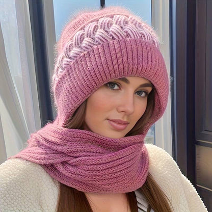 "Jasmijn muts en sjaal set in roze met pompon, zacht nertsfleece voor comfort en stijl, ideaal voor koude dagen."