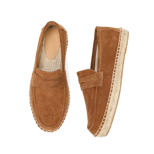 "Jute espadrilles heren, koe suede bovenkant, jute zool, casual stijl, in kleuren bruin, groen, marineblauw, zand."