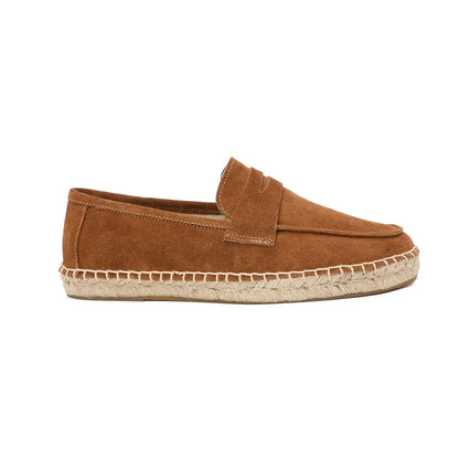 "Jute espadrilles heren, koe suede bovenkant, jute zool, casual stijl, in kleuren bruin, groen, marineblauw, zand."