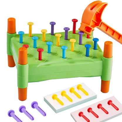 "Kinderspeelgoed Nail & Knock™: kleurrijke hamerset voor motorische ontwikkeling en kleurherkenning, stevig ABS materiaal."