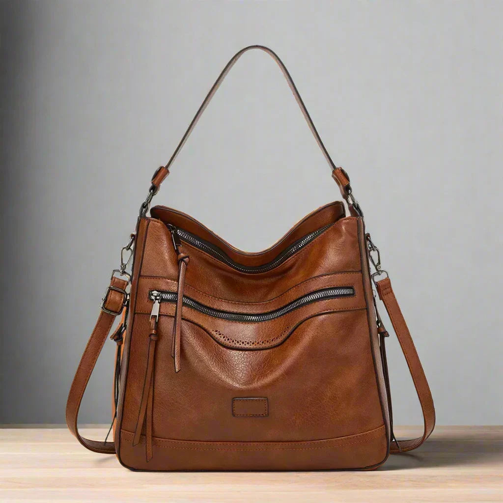 Klassieke retro leren damestas, stijlvol en functioneel, hoogwaardig bruin leer, perfect voor elke gelegenheid.