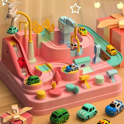 "Kleurrijk Car Adventure™ speelgoed met auto's en rails. Stimuleert cognitieve ontwikkeling en biedt leerzaam speelplezier."