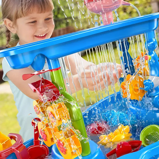 Kleurrijke 3-laags zand- en watertafel voor kinderen, met BPA-vrij kunststof en accessoires. Speel- en leerplezier gegarandee