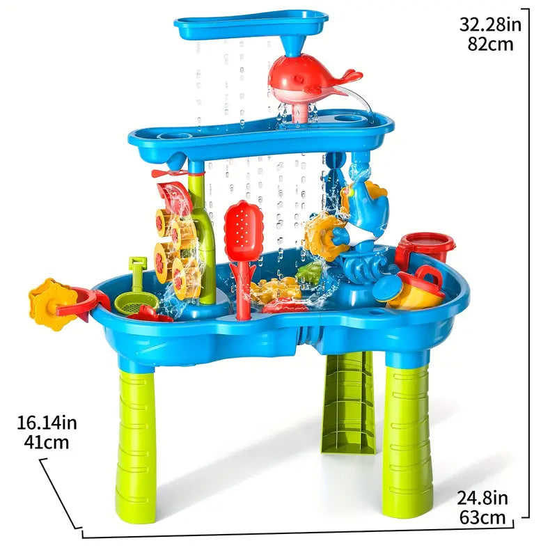 Kleurrijke 3-laags zand- en watertafel voor kinderen, met BPA-vrij kunststof en accessoires. Speel- en leerplezier gegarandee