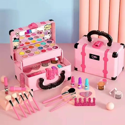 "Kleurrijke kinder make-up set met lippenstift en oogschaduw; veilig, niet-toxisch, ideaal voor creatief spel."