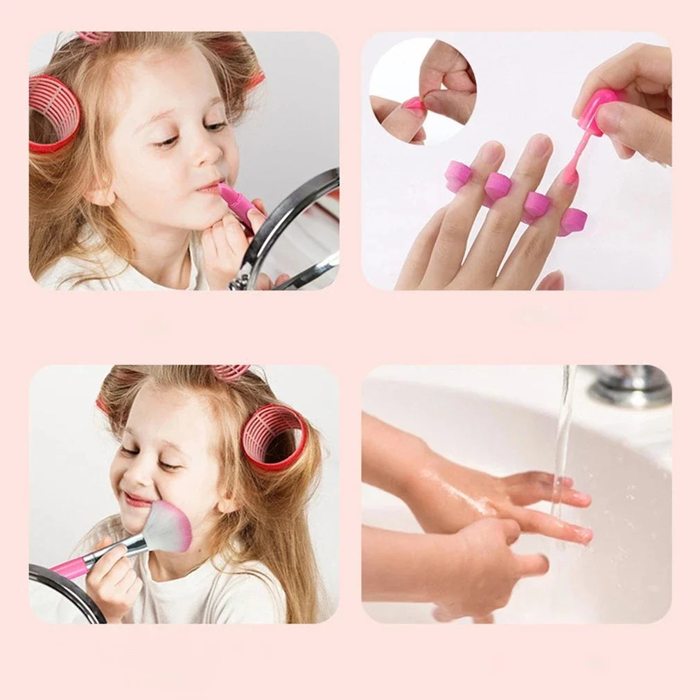 "Kleurrijke kinder make-up set met lippenstift en oogschaduw; veilig, niet-toxisch, ideaal voor creatief spel."