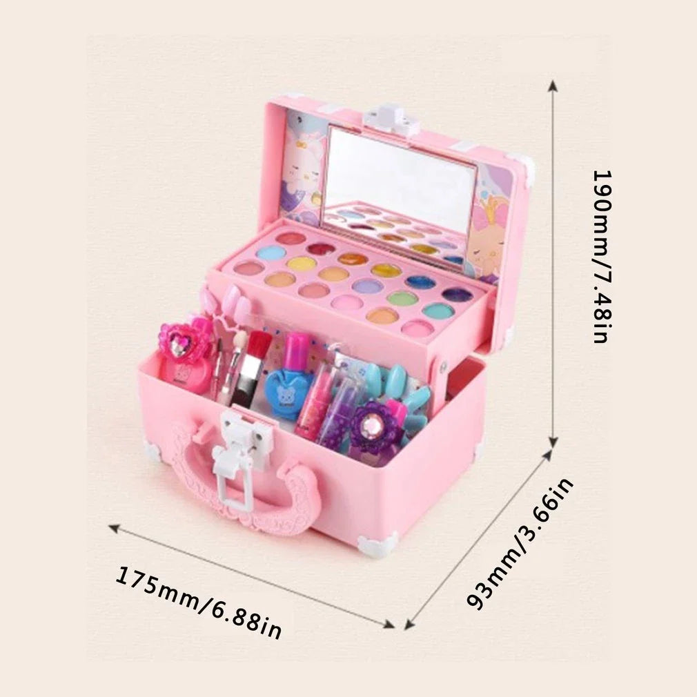 "Kleurrijke kinder make-up set met lippenstift en oogschaduw; veilig, niet-toxisch, ideaal voor creatief spel."