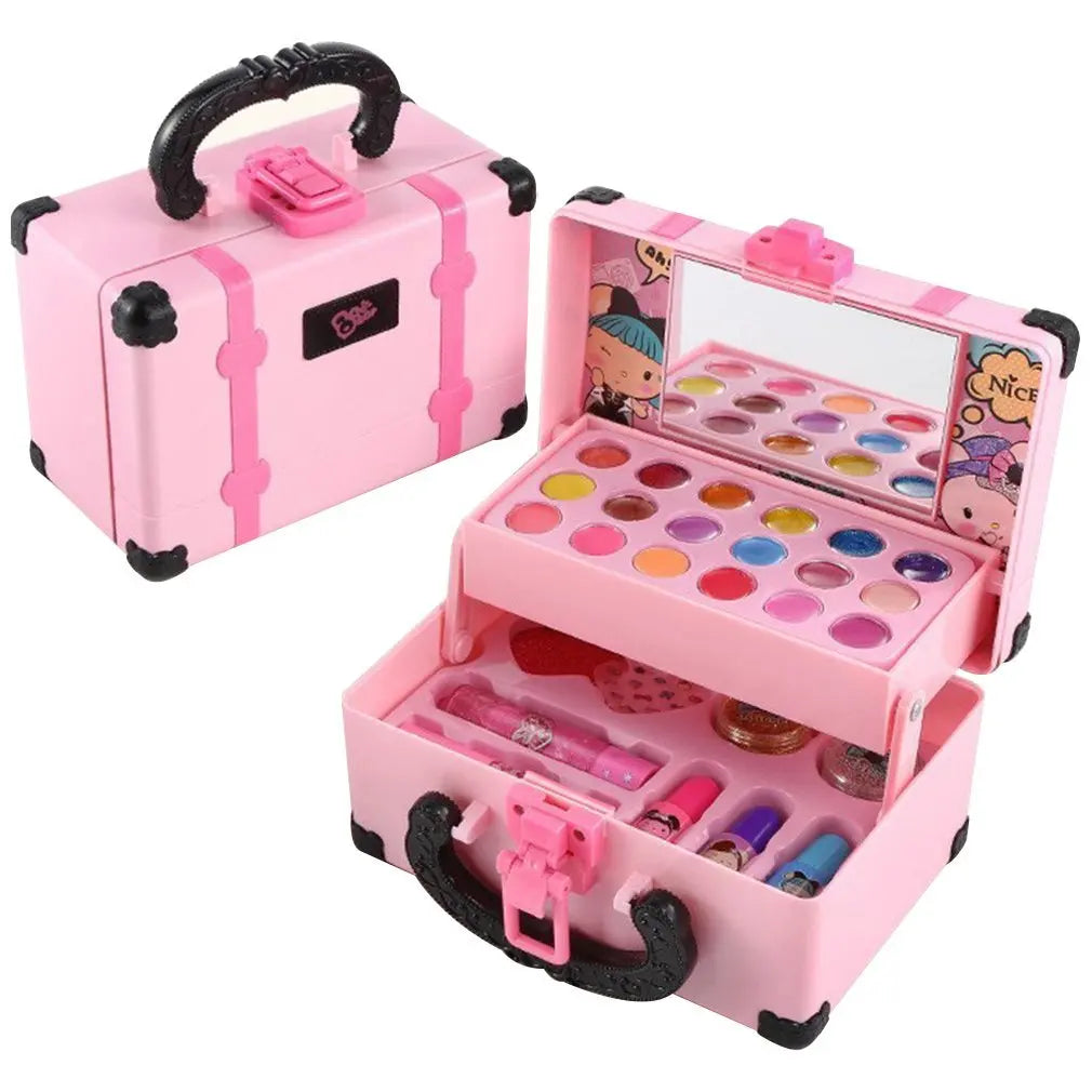 "Kleurrijke kinder make-up set met lippenstift en oogschaduw; veilig, niet-toxisch, ideaal voor creatief spel."