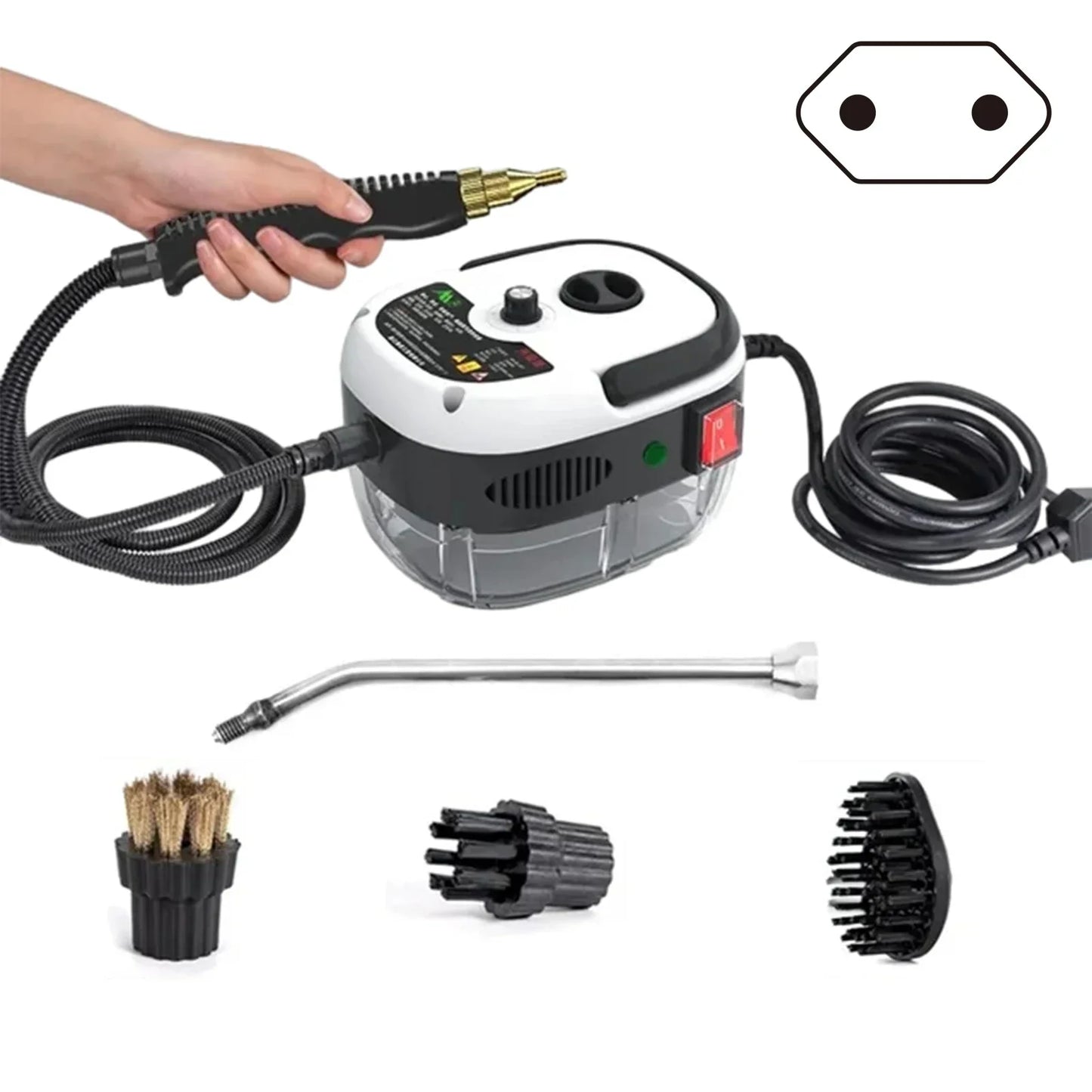 "Krachtige 2500W stoomreiniger, ideaal voor huis en auto, zilvergrijs design met ergonomisch handvat."
