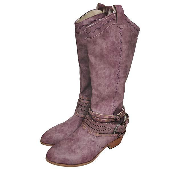 "Lang suède boho laarzen met gespsluitingen en subtiele stiksels, elegante bohemian dames schoenen in bruin."