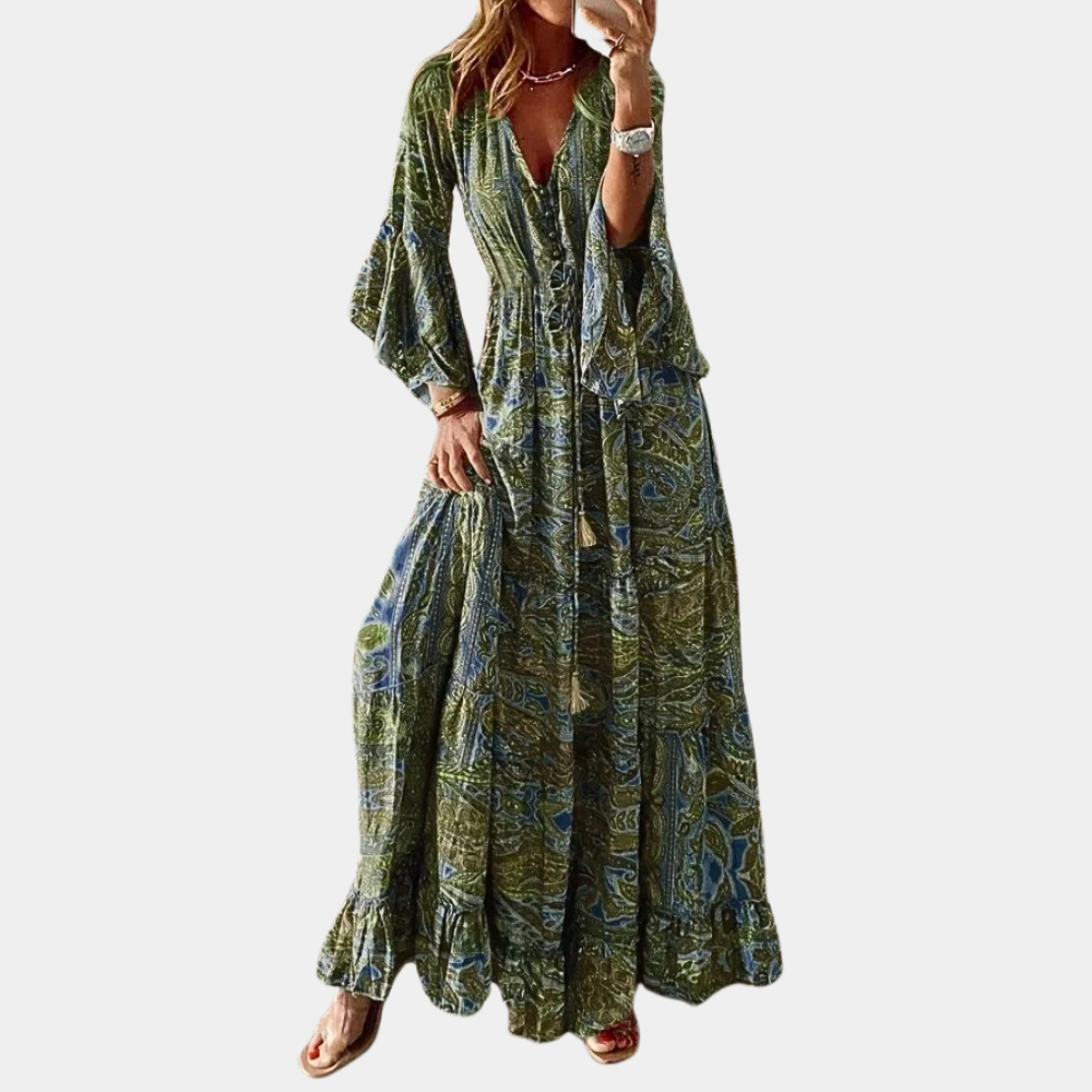 "Lange boheemse maxi jurk voor vrouwen in vloeiende stof, oranje kleur, perfect voor zomer en elke gelegenheid."