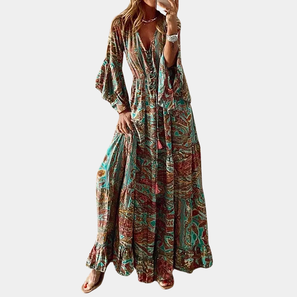 "Lange boheemse maxi jurk voor vrouwen in vloeiende stof, oranje kleur, perfect voor zomer en elke gelegenheid."