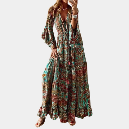 "Lange boheemse maxi jurk voor vrouwen in vloeiende stof, oranje kleur, perfect voor zomer en elke gelegenheid."