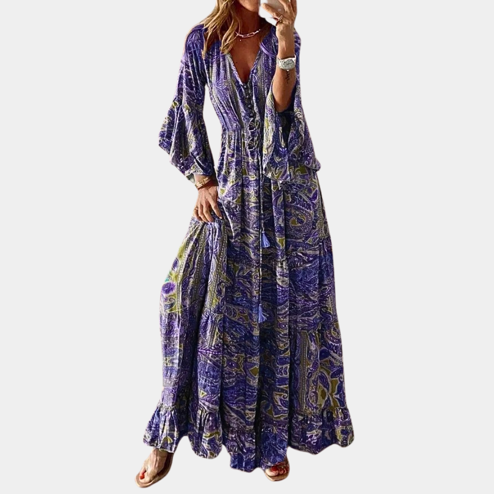 "Lange boheemse maxi jurk voor vrouwen in vloeiende stof, oranje kleur, perfect voor zomer en elke gelegenheid."