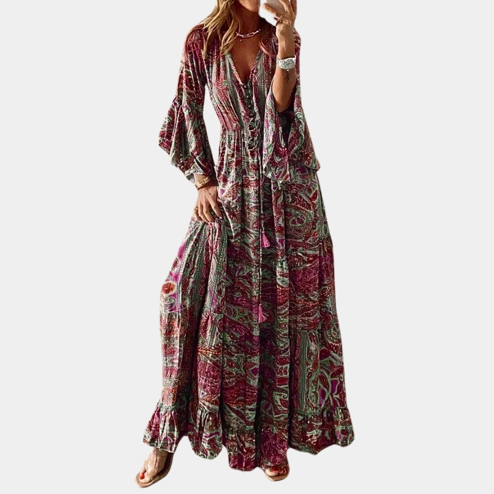 "Lange boheemse maxi jurk voor vrouwen in vloeiende stof, oranje kleur, perfect voor zomer en elke gelegenheid."