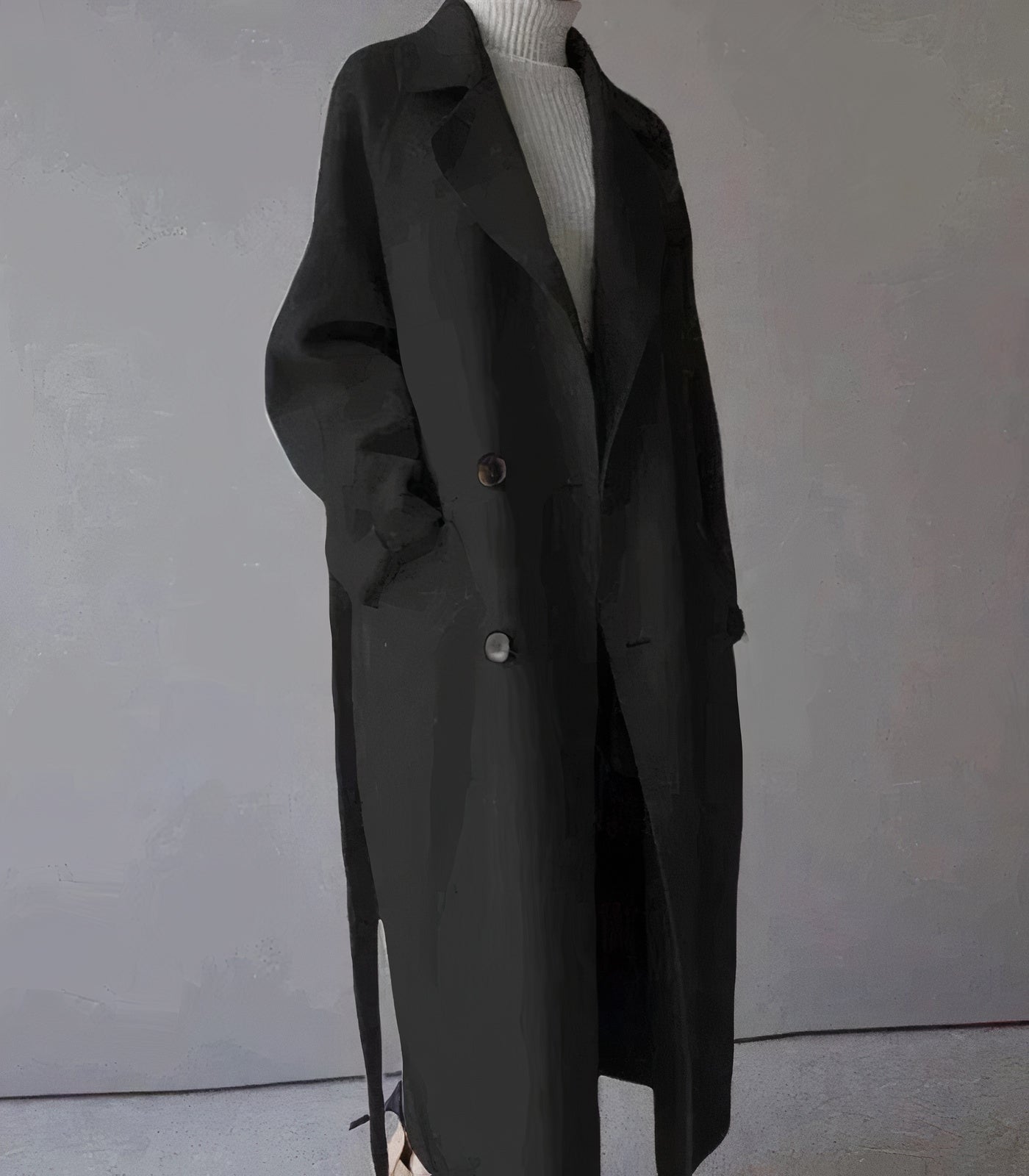 "Lange elegante wollen damesjas in het grijs, warmtehoudend en tijdloos, perfect voor stijlvolle winterlooks."