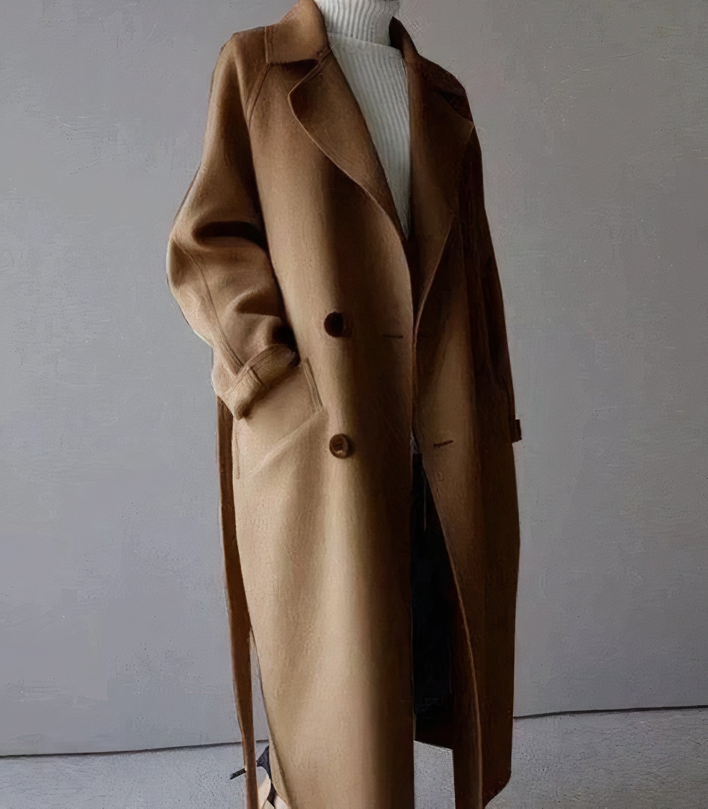 "Lange elegante wollen damesjas in het grijs, warmtehoudend en tijdloos, perfect voor stijlvolle winterlooks."