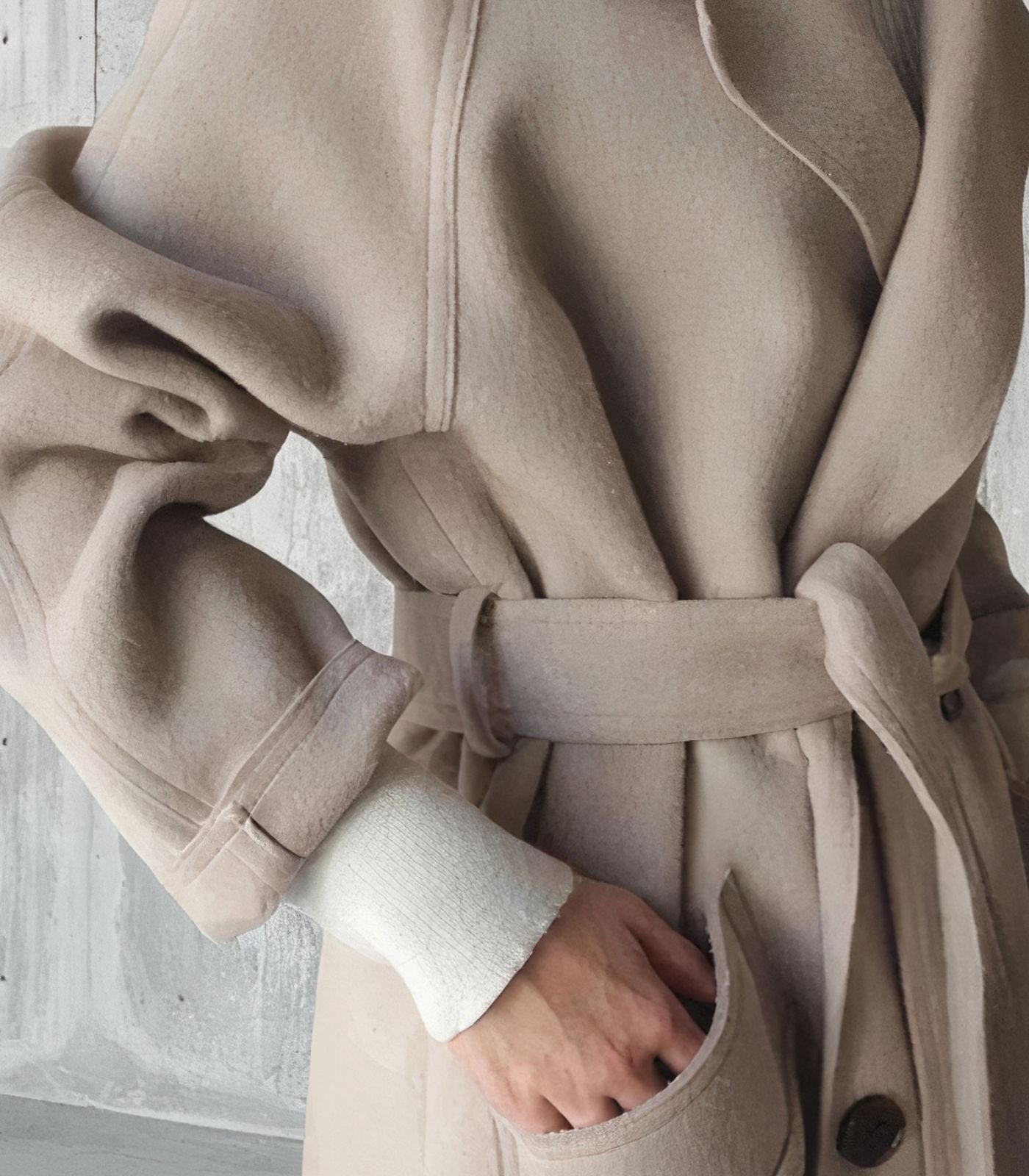 "Lange elegante wollen damesjas in het grijs, warmtehoudend en tijdloos, perfect voor stijlvolle winterlooks."