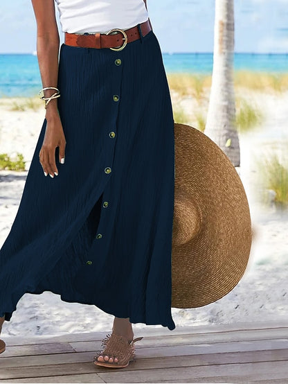 "Lange linnen maxi rok dames, elegant vloeiend silhouet in ademend materiaal, ideaal voor warme dagen."