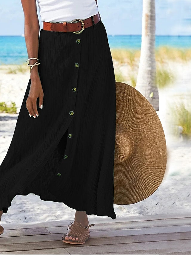 "Lange linnen maxi rok dames, elegant vloeiend silhouet in ademend materiaal, ideaal voor warme dagen."