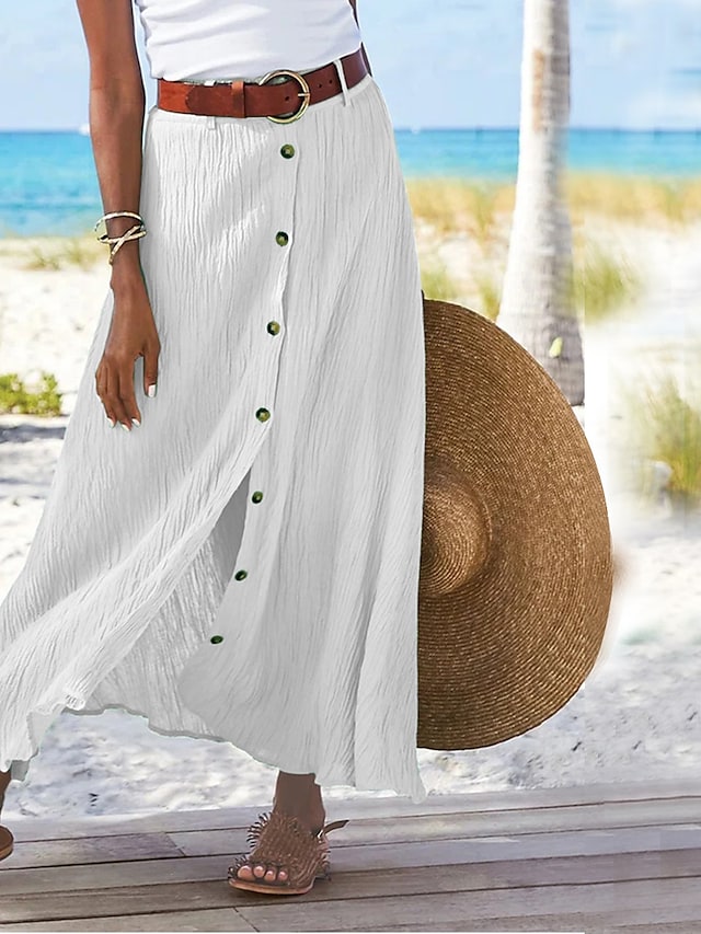 "Lange linnen maxi rok dames, elegant vloeiend silhouet in ademend materiaal, ideaal voor warme dagen."