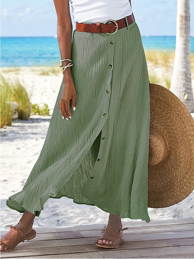 "Lange linnen maxi rok dames, elegant vloeiend silhouet in ademend materiaal, ideaal voor warme dagen."