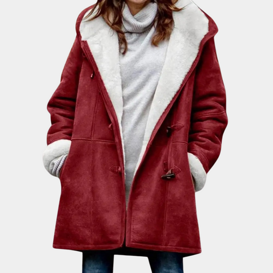 Lange rode winterjas met capuchon voor dames, warm, modieus, ideaal voor koude dagen, stijlvolle keuze.