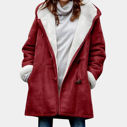 Lange rode winterjas met capuchon voor dames, warm, modieus, ideaal voor koude dagen, stijlvolle keuze.