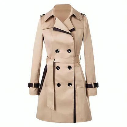 "Lange trenchcoat voor dames in klassiek zwart of khaki, met ceintuur, elegant en veelzijdig ontwerp voor elke gelegenheid."