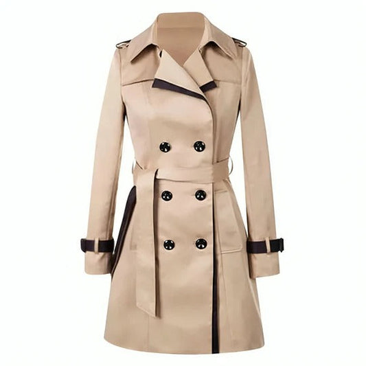 "Lange trenchcoat voor dames in klassiek zwart of khaki, met ceintuur, elegant en veelzijdig ontwerp voor elke gelegenheid."