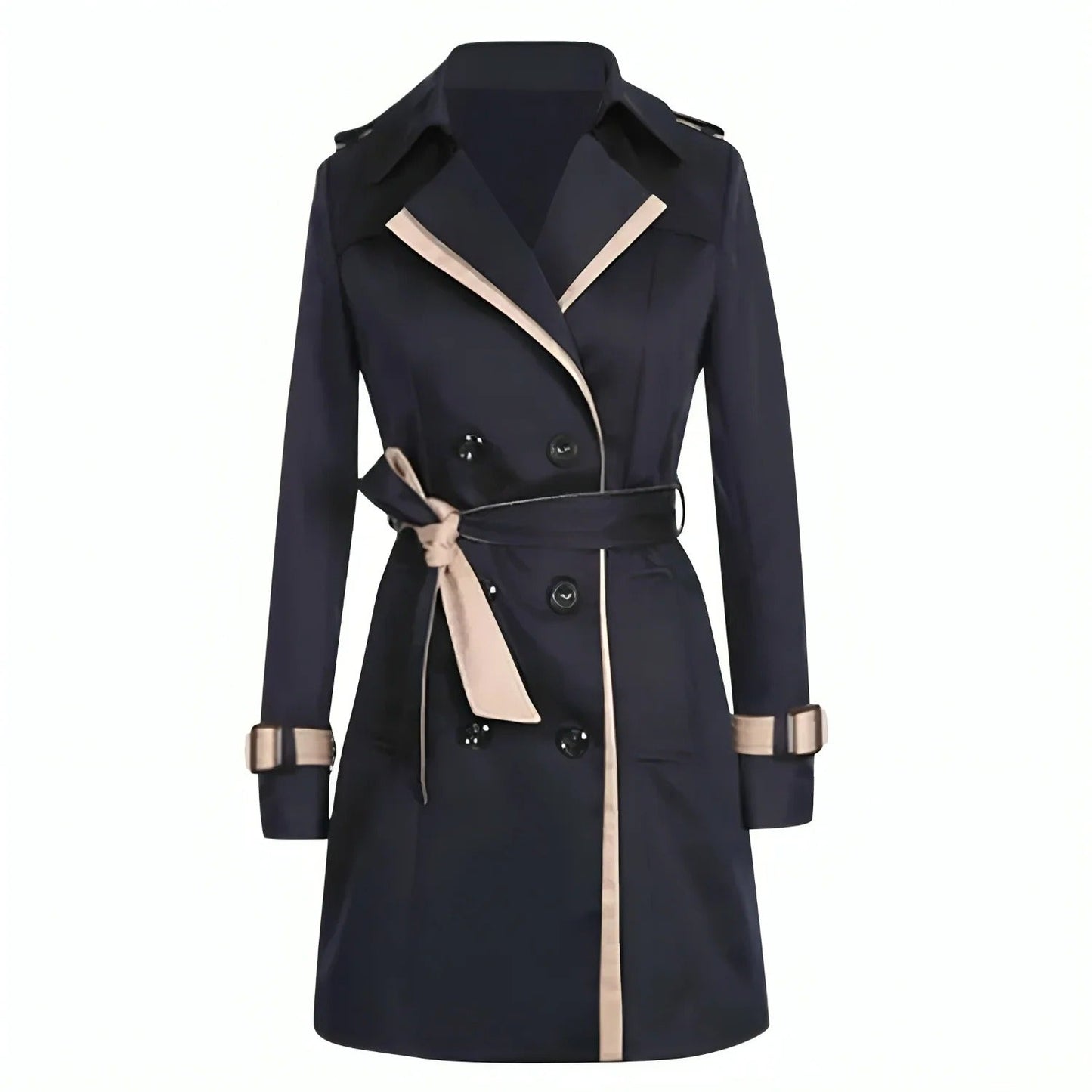 "Lange trenchcoat voor dames in klassiek zwart of khaki, met ceintuur, elegant en veelzijdig ontwerp voor elke gelegenheid."