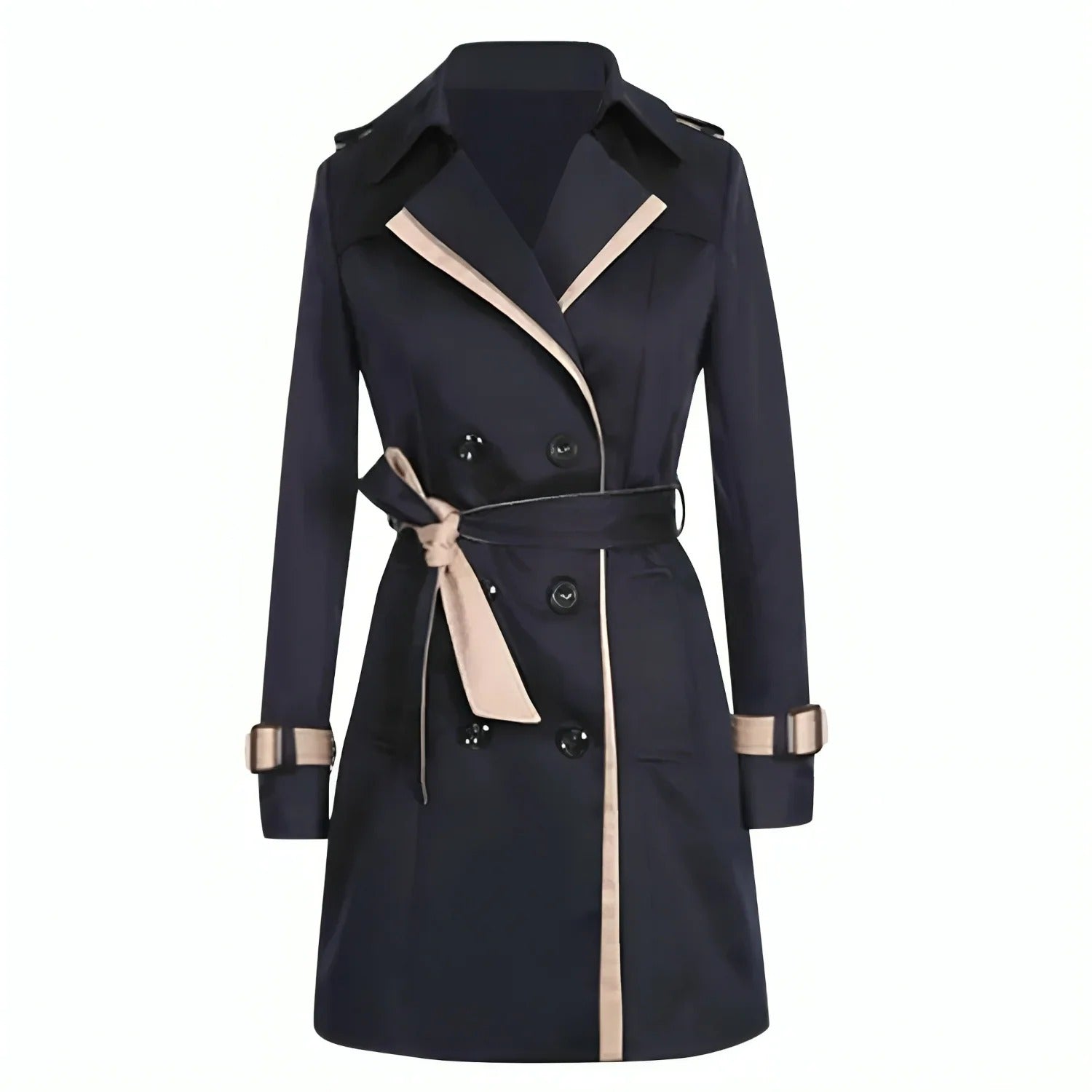"Lange trenchcoat voor dames in klassiek zwart of khaki, met ceintuur, elegant en veelzijdig ontwerp voor elke gelegenheid."