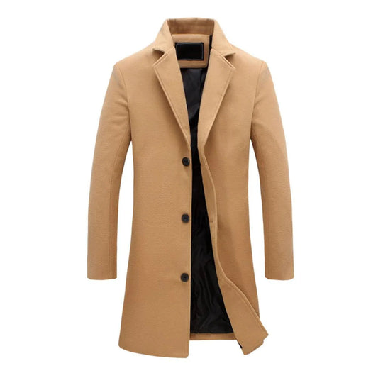 Lange winterjas heren, elegant ontwerp, hoge kraag, zacht gevoerd, beschikbaar in beige, lichtgrijs, zwart, modern.