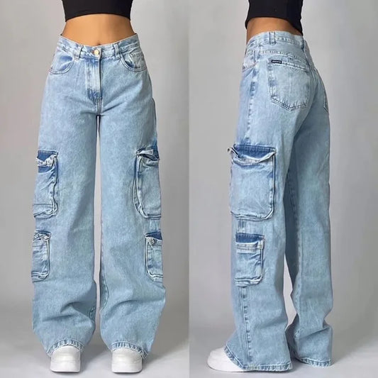 "Lichtblauw gewassen unisex baggy cargospijkerbroek met retro flair, wijde pijpen en vintage uitstraling, perfect voor street