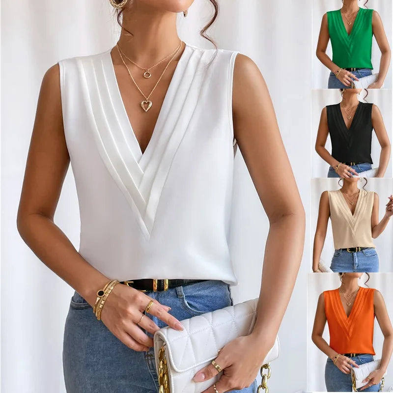 "Lichtgewicht elegante mouwloze damesblouse met V-hals, perfect voor zomerstijl en veelzijdige outfits."