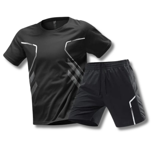 "Lichtgewicht sportkleding set heren met ademend shirt en flexibele korte broek, ideaal voor fitness en hardlopen."