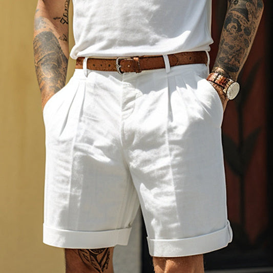 "Linnen-katoenen heren korte broek, zomerstijl, beige kleur, lichtgewicht en ademend ontwerp, geschikt voor casual uitjes."