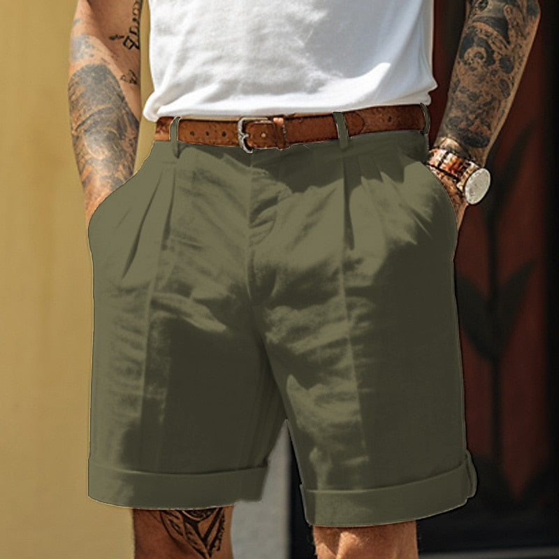 "Linnen-katoenen heren korte broek, zomerstijl, beige kleur, lichtgewicht en ademend ontwerp, geschikt voor casual uitjes."