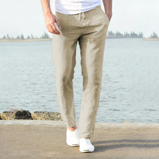 Linnen zomerbroek voor heren in blauw, luchtige casual stijl, ademend en comfortabel voor warme dagen.