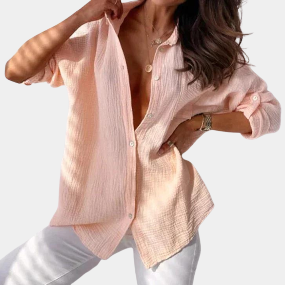 "Luchtige dames zomerblouse, kleurrijk in oranje, roze, grijs en blauwgroen, perfect voor casual en semi-formele looks."