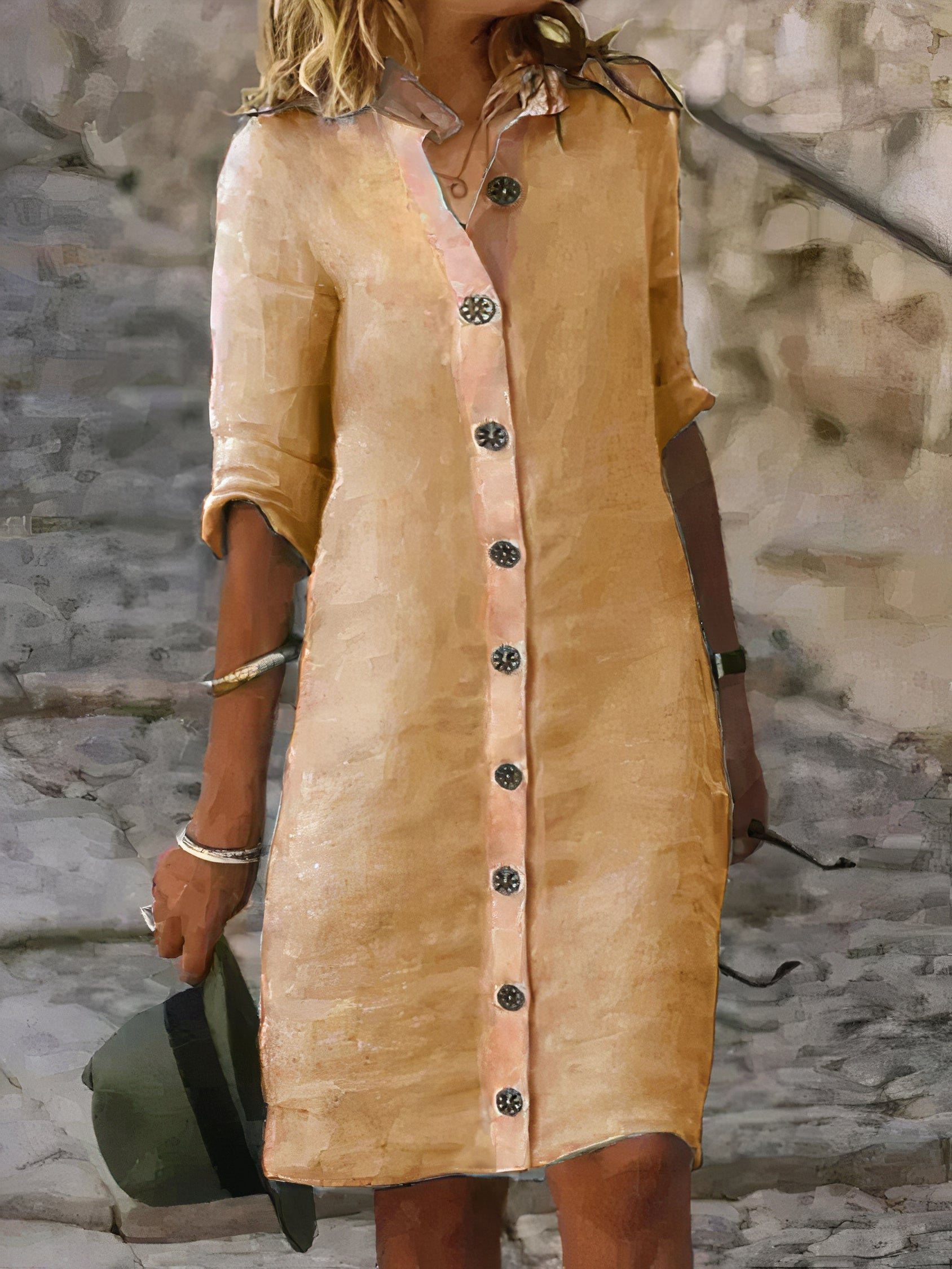 "Luchtige linnen dames overhemdjurk met klassieke kraag en knoopsluiting voor een elegante zomerlook."