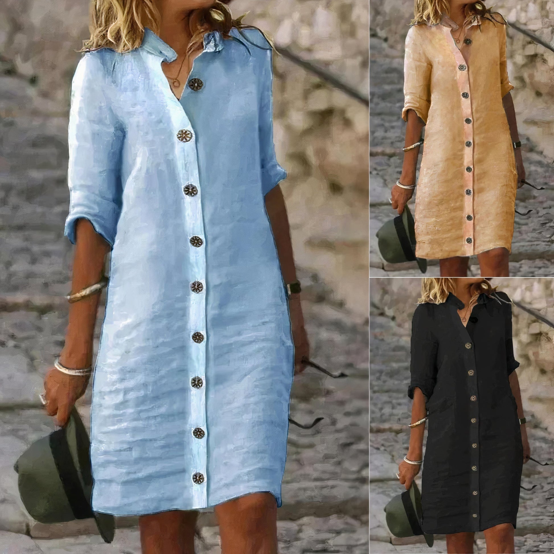 "Luchtige linnen dames overhemdjurk met klassieke kraag en knoopsluiting voor een elegante zomerlook."