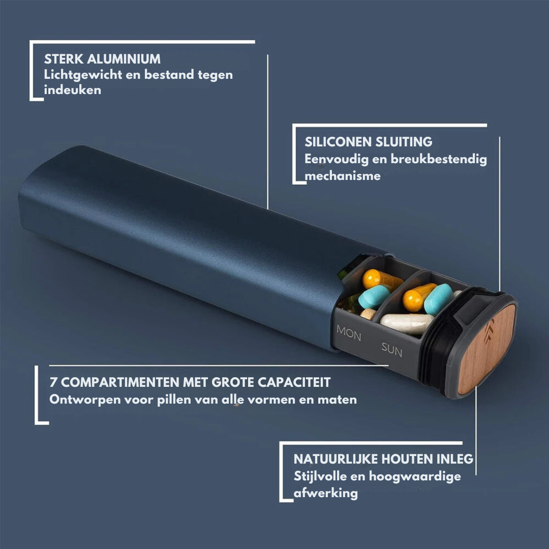 "Luxe aluminium en houten wekelijkse pillendoos voor medicijnorganisatie, compact en stijlvol, ideaal voor reizen."