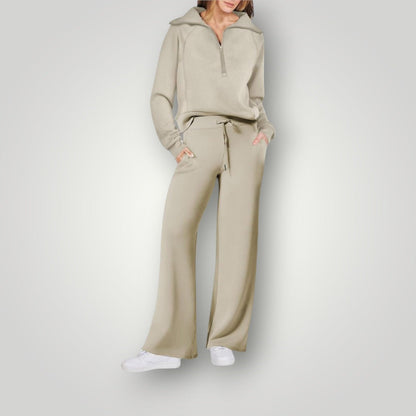 "Luxe dames loungewear set in zachte neutrale tinten, relaxte pasvorm, multikleur, perfect voor stijlvol comfort thuis."