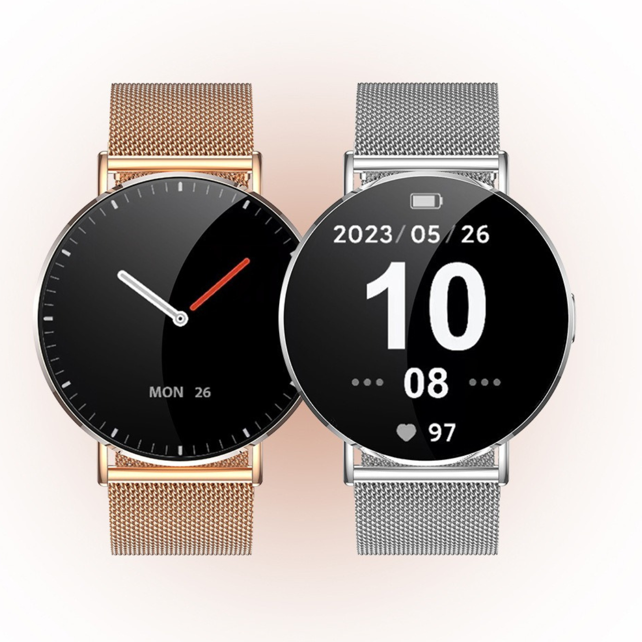 "Luxe dames smartwatch met roestvrijstalen afwerking, modern ontwerp, en stijlvolle uitstraling voor dagelijks gebruik."