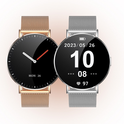 "Luxe dames smartwatch met roestvrijstalen afwerking, modern ontwerp, en stijlvolle uitstraling voor dagelijks gebruik."