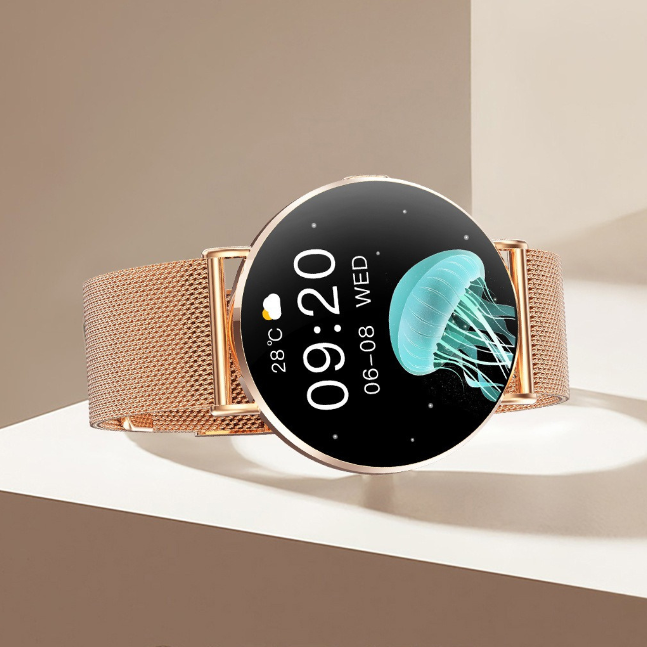 "Luxe dames smartwatch met roestvrijstalen afwerking, modern ontwerp, en stijlvolle uitstraling voor dagelijks gebruik."