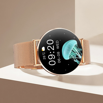 "Luxe dames smartwatch met roestvrijstalen afwerking, modern ontwerp, en stijlvolle uitstraling voor dagelijks gebruik."